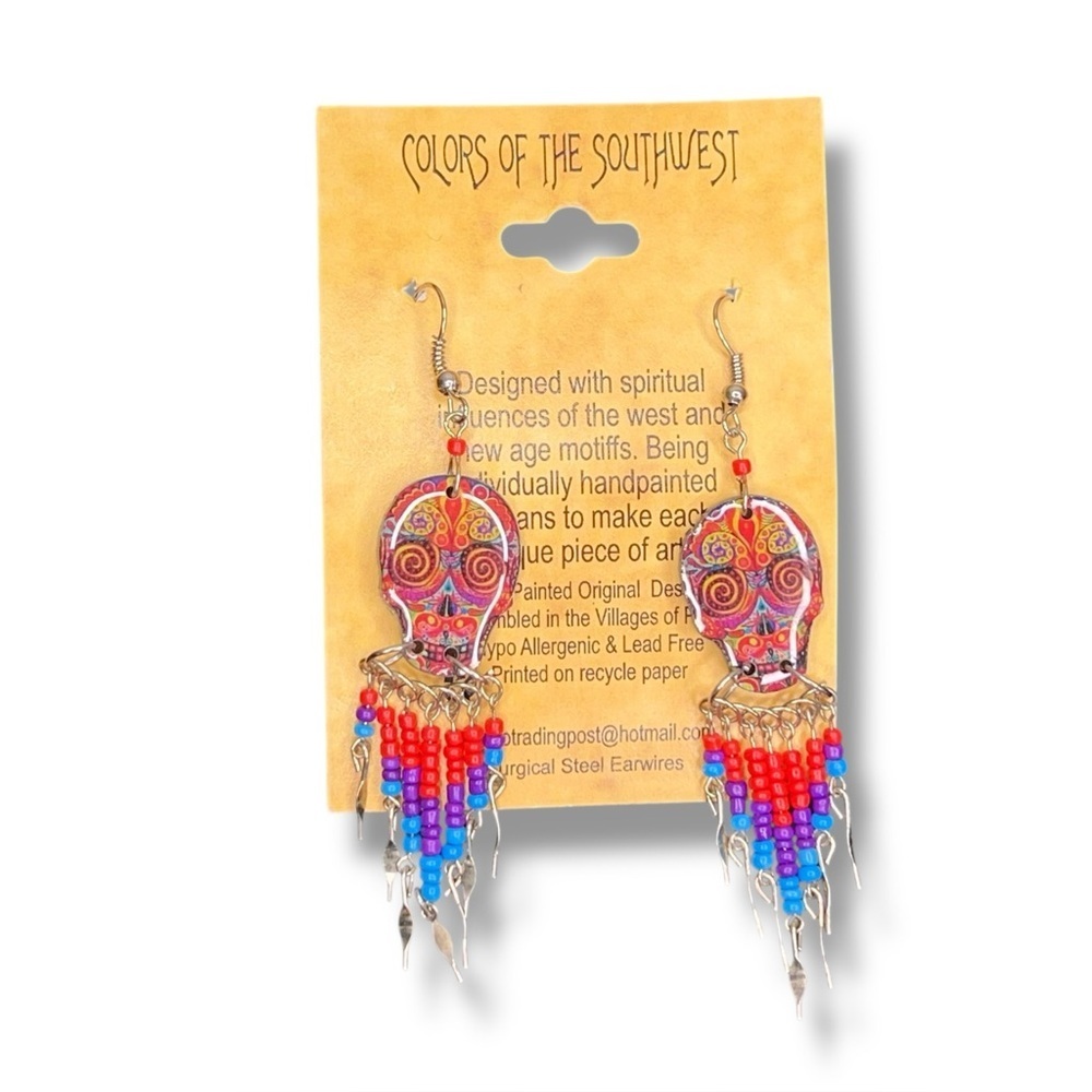 New Sugar Skull Beaded Chandelier Earrings  Colorful Day Of The Dead Southwest